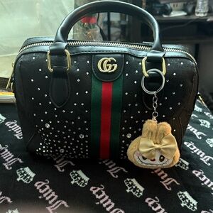 Black Studded Satchel with Green & Red Stripe - Luxury-Inspired